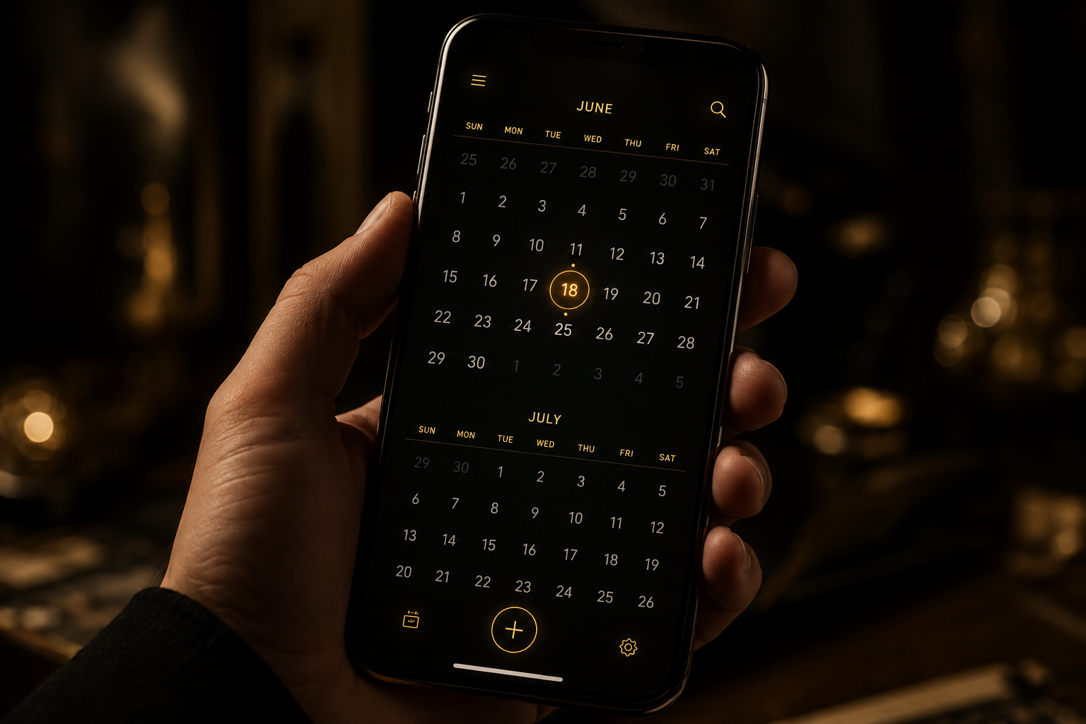 Hand holding phone showing PRESAGE calendar